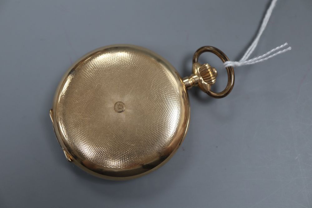 A continental 585 yellow metal hunter keyless pocket watch, with Roman dial and subsidiary seconds, gross 112.1 grams,
